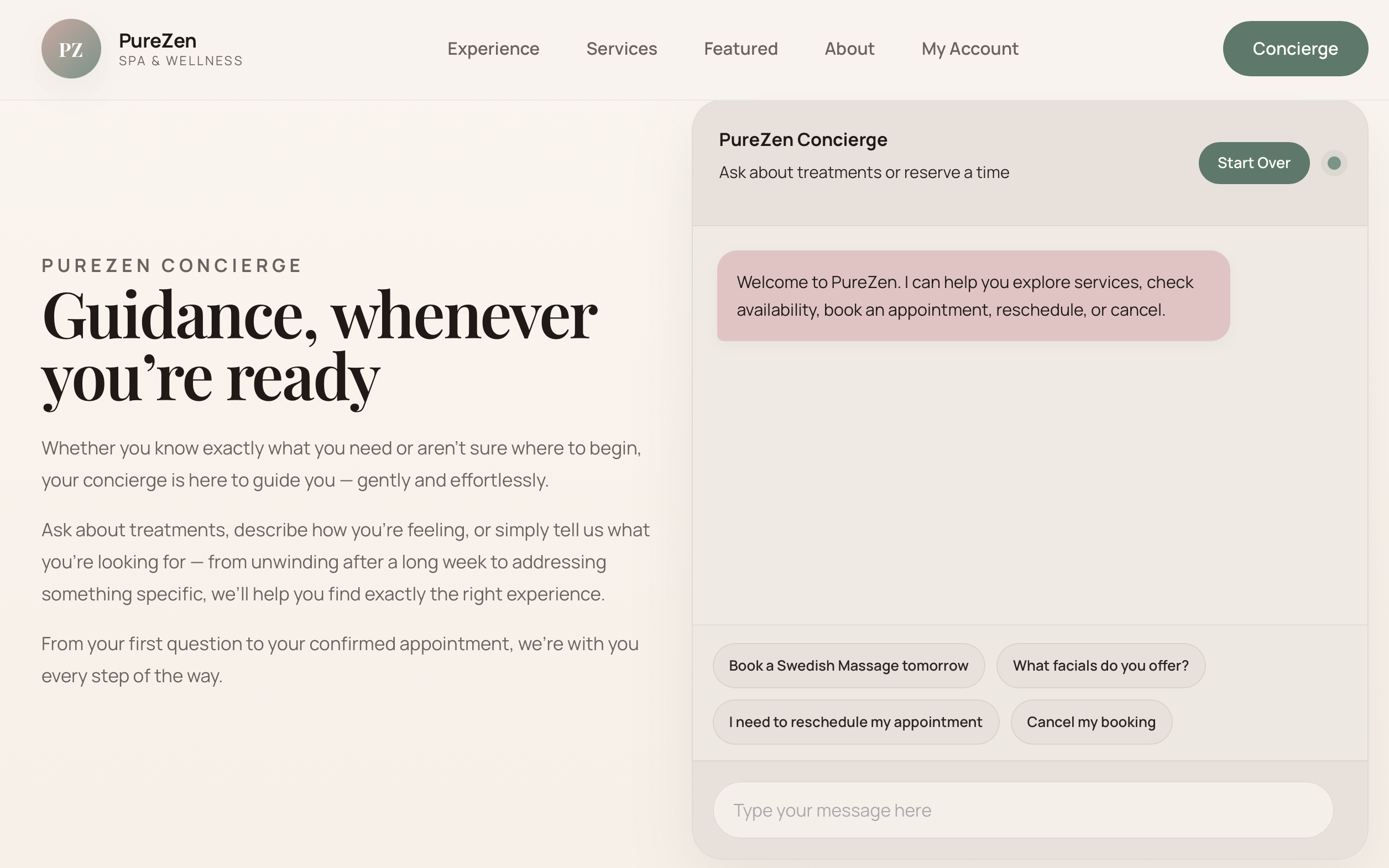 PureZen spa concierge interface